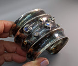 Wide Sterling Silver Cuff Bracelet with Rainbow Moonstones, Green and Yellow Diamonds in 14kt Gold Bezels