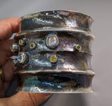 Wide Sterling Silver Cuff Bracelet with Rainbow Moonstones, Green and Yellow Diamonds in 14kt Gold Bezels