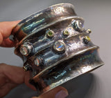 Wide Sterling Silver Cuff Bracelet with Rainbow Moonstones, Green and Yellow Diamonds in 14kt Gold Bezels