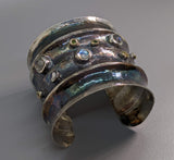 Wide Sterling Silver Cuff Bracelet with Rainbow Moonstones, Green and Yellow Diamonds in 14kt Gold Bezels