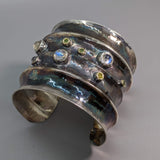 Wide Sterling Silver Cuff Bracelet with Rainbow Moonstones, Green and Yellow Diamonds in 14kt Gold Bezels