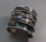 Wide Sterling Silver Cuff Bracelet with Rainbow Moonstones, Green and Yellow Diamonds in 14kt Gold Bezels