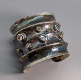 Wide Sterling Silver Cuff Bracelet with Rainbow Moonstones, Green and Yellow Diamonds in 14kt Gold Bezels