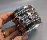 Wide Sterling Silver Cuff Bracelet with Rainbow Moonstones, Green and Yellow Diamonds in 14kt Gold Bezels