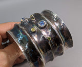 Wide Sterling Silver Cuff Bracelet with Rainbow Moonstones, Green and Yellow Diamonds in 14kt Gold Bezels