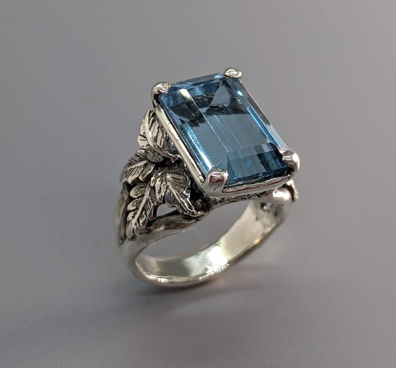 Blue Topaz Sterling Silver Ring, Leaf Design