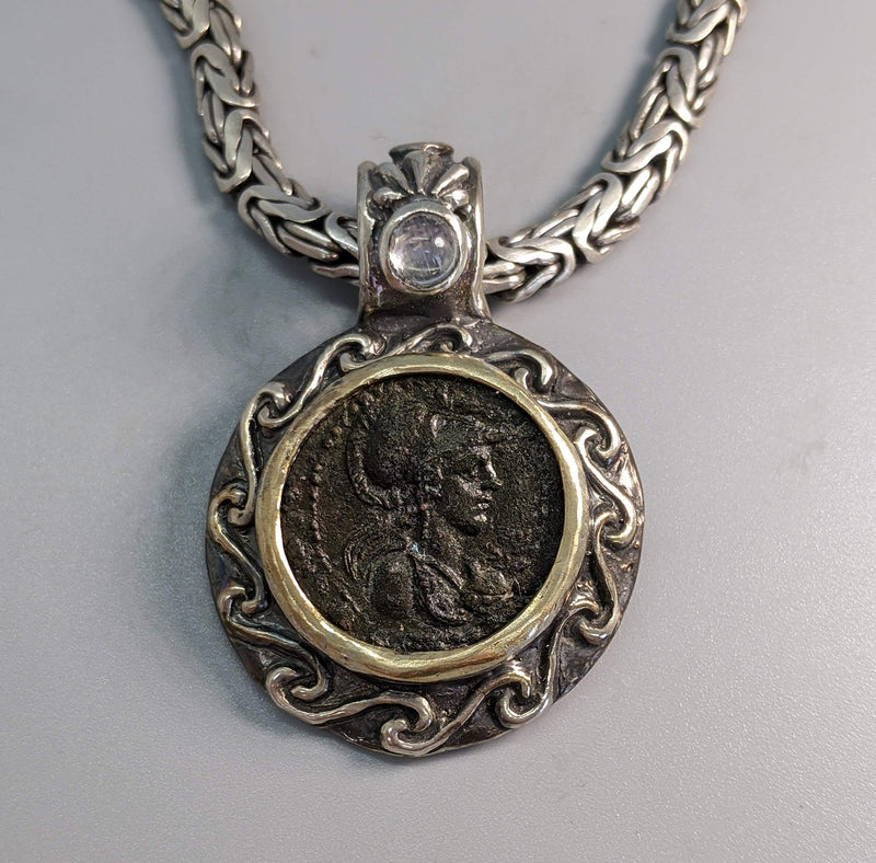 Ancient Bronze Athena, Sterling Silver Pendant with 14kt Gold Bezel