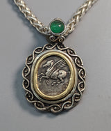 Very Nice Pegasus, AR Stater, Sterling Silver Pendant with 14kt Gold Bezel and Emerald on Bail