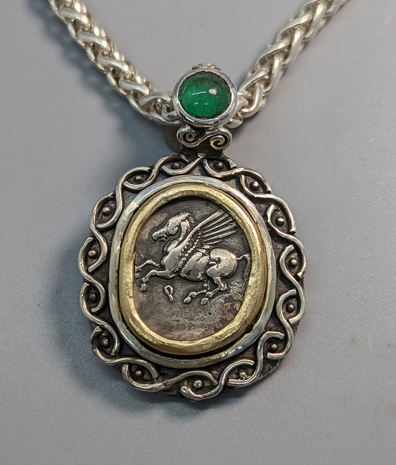 Very Nice Pegasus, AR Stater, Sterling Silver Pendant with 14kt Gold Bezel and Emerald on Bail