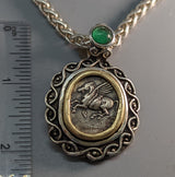 Very Nice Pegasus, AR Stater, Sterling Silver Pendant with 14kt Gold Bezel and Emerald on Bail