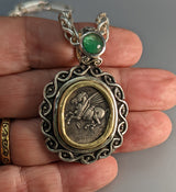 Very Nice Pegasus, AR Stater, Sterling Silver Pendant with 14kt Gold Bezel and Emerald on Bail