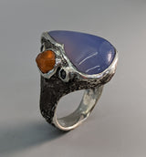 Lavender Chalcedony, Sterling Silver Ring with Spessartite Garnet Crystal and Rose Cut Black Diamonds