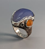 Lavender Chalcedony, Sterling Silver Ring with Spessartite Garnet Crystal and Rose Cut Black Diamonds