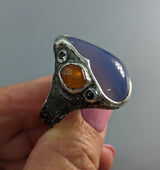 Lavender Chalcedony, Sterling Silver Ring with Spessartite Garnet Crystal and Rose Cut Black Diamonds