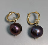 Large Round Dark Freshwater Pearl, 14kt Gold Earrings