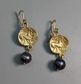 14kt Gold Ancient Celtic Coin Replica Earrings with Pearl Drops