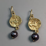 14kt Gold Ancient Celtic Coin Replica Earrings with Pearl Drops