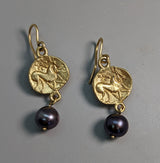 14kt Gold Ancient Celtic Coin Replica Earrings with Pearl Drops