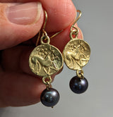 14kt Gold Ancient Celtic Coin Replica Earrings with Pearl Drops