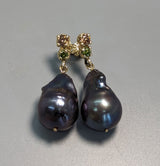 Large Freshwater Pearls with Champagne and Green Diamonds in 14kt Gold Earrings