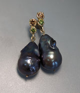 Large Freshwater Pearls with Champagne and Green Diamonds in 14kt Gold Earrings