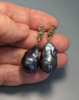 Large Freshwater Pearls with Champagne and Green Diamonds in 14kt Gold Earrings