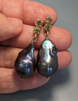 Large Freshwater Pearls with Champagne and Green Diamonds in 14kt Gold Earrings