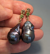 Large Freshwater Pearls with Champagne and Green Diamonds in 14kt Gold Earrings