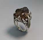 Smoky Quartz Crystal Cluster, Sterling Silver Ring with 14kt Gold