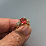 Rare Natural, Untreated Orangish-Red Sapphire, Diamond, 14kt Gold Ring