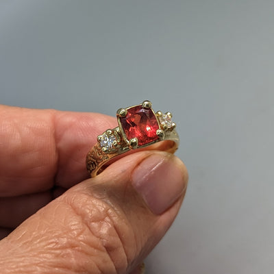 Rare Natural, Untreated Orangish-Red Sapphire, Diamond, 14kt Gold Ring