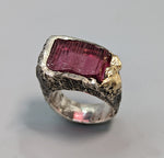 Rubellite Tourmaline Crystal, Sterling Silver Ring with 14kt Gold