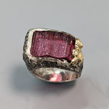 Rubellite Tourmaline Crystal, Sterling Silver Ring with 14kt Gold
