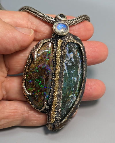 Bactrian Glass and Yowah Opal, Sterling Silver and 14kt Gold Pendant