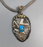 Pre-Pueblo Pottery Shard, Turquoise, Sterling Silver Pendant with Gold Nuggets