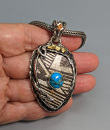 Pre-Pueblo Pottery Shard, Turquoise, Sterling Silver Pendant with Gold Nuggets