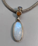 Rainbow Moonstone, Sterling Silver Pendant with Spessartite Garnet Crystal and Rainbow Moonstone on Bail