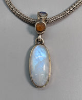 Rainbow Moonstone, Sterling Silver Pendant with Spessartite Garnet Crystal and Rainbow Moonstone on Bail
