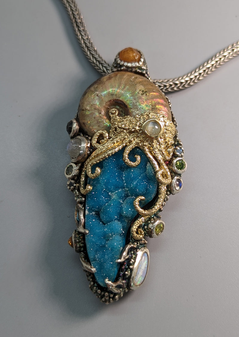 Nacreous Ammonite Fossil, Drusy Chrysocolla, Sterling Silver and 14kt Gold 