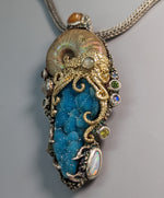Nacreous Ammonite Fossil, Drusy Chrysocolla, Sterling Silver and 14kt Gold "Jurassic Classic" Pendant