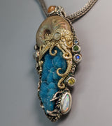 Nacreous Ammonite Fossil, Drusy Chrysocolla, Sterling Silver and 14kt Gold "Jurassic Classic" Pendant