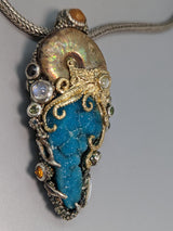 Nacreous Ammonite Fossil, Drusy Chrysocolla, Sterling Silver and 14kt Gold "Jurassic Classic" Pendant