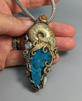 Nacreous Ammonite Fossil, Drusy Chrysocolla, Sterling Silver and 14kt Gold "Jurassic Classic" Pendant