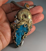 Nacreous Ammonite Fossil, Drusy Chrysocolla, Sterling Silver and 14kt Gold "Jurassic Classic" Pendant