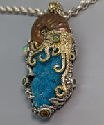 Nacreous Ammonite Fossil and Drusy Chrysocolla, Sterling Silver and 14kt Gold "Jurassic Classic" Pendant