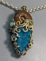 Nacreous Ammonite Fossil and Drusy Chrysocolla, Sterling Silver and 14kt Gold "Jurassic Classic" Pendant