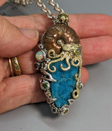 Nacreous Ammonite Fossil and Drusy Chrysocolla, Sterling Silver and 14kt Gold "Jurassic Classic" Pendant