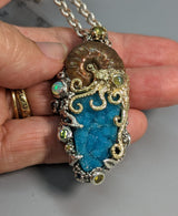 Nacreous Ammonite Fossil and Drusy Chrysocolla, Sterling Silver and 14kt Gold "Jurassic Classic" Pendant