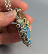 Nacreous Ammonite Fossil and Drusy Chrysocolla, Sterling Silver and 14kt Gold "Jurassic Classic" Pendant