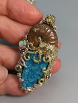 Nacreous Ammonite Fossil and Drusy Chrysocolla, Sterling Silver and 14kt Gold "Jurassic Classic" Pendant